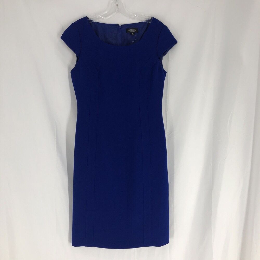 Tahari Arthur S. Levine Blue Solid Sheath Dress Boat Neck Knee Length 6